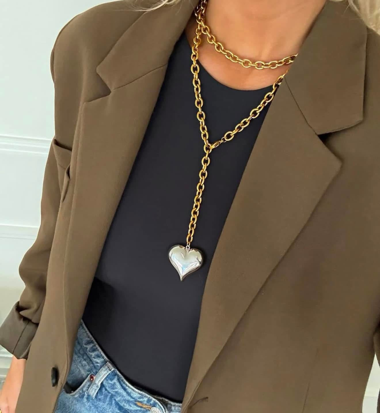 Long Layering Multi Metal Heart Necklace