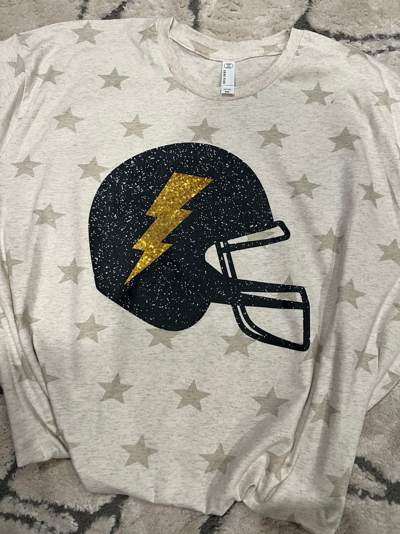 Black Faux Glitter Football Helmet Star Tee